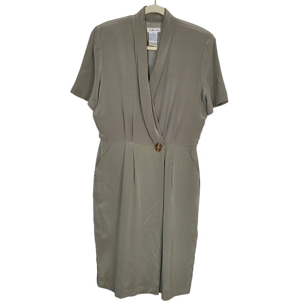 Vintage Talbots 100% Silk Faux Wrap Dress Sz 10 Taupe Short Sleeves Career READ - Picture 1 of 14